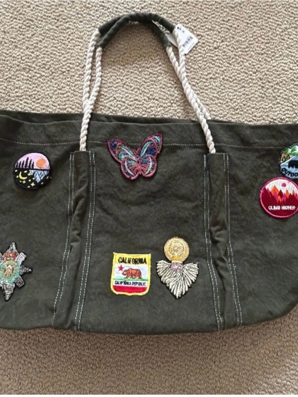 Free People Olive Green Embroidered Patch Canvas Tote
